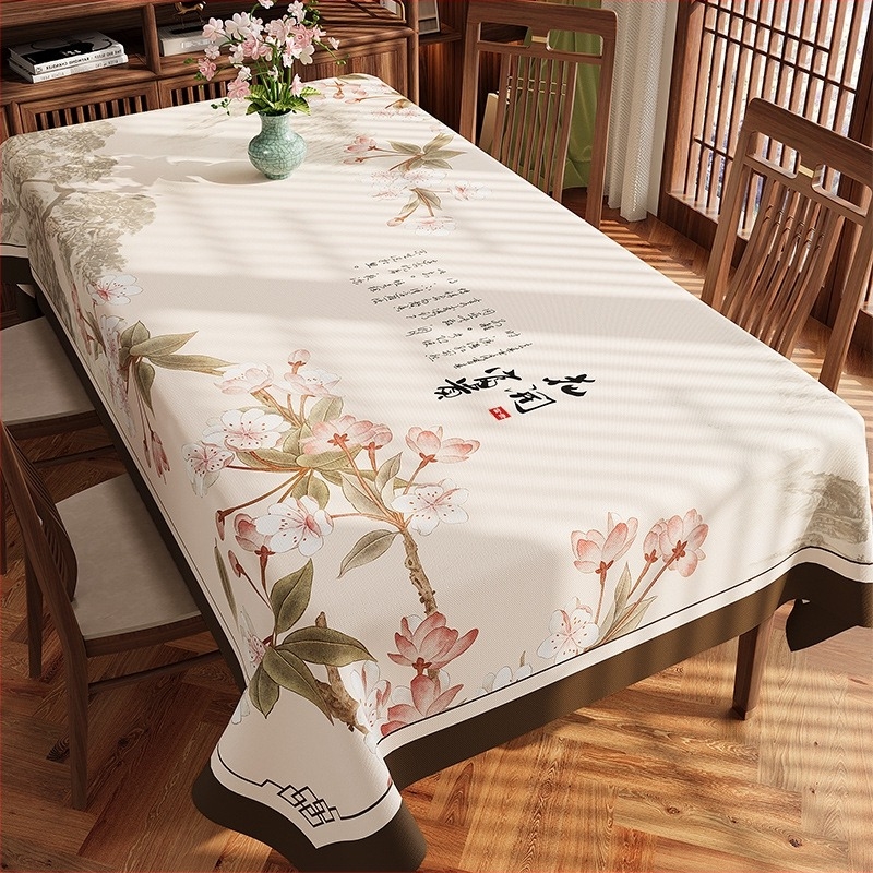 Față de masă în stil chinezesc nou, PVC impermeabil, dreptunghiular, model floral