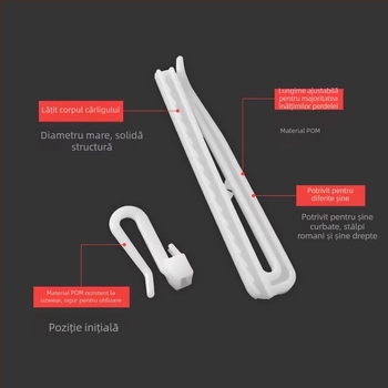 Cuier pentru perdele din plastic, design în formă S, material POM, funcționare silențioasă, reglabil, capacitate 0-1 kg