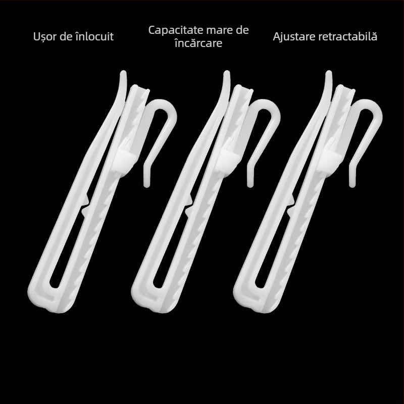 Cuier pentru perdele din plastic, design în formă S, material POM, funcționare silențioasă, reglabil, capacitate 0-1 kg