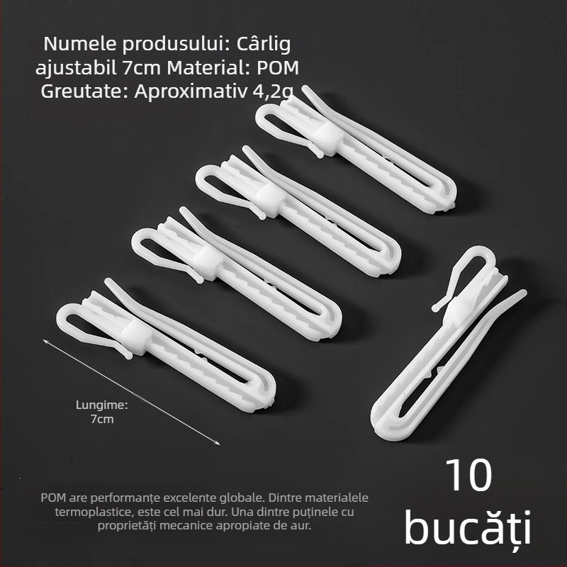 Cuier pentru perdele din plastic, design în formă S, material POM, funcționare silențioasă, reglabil, capacitate 0-1 kg