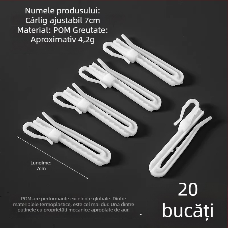 Cuier pentru perdele din plastic, design în formă S, material POM, funcționare silențioasă, reglabil, capacitate 0-1 kg