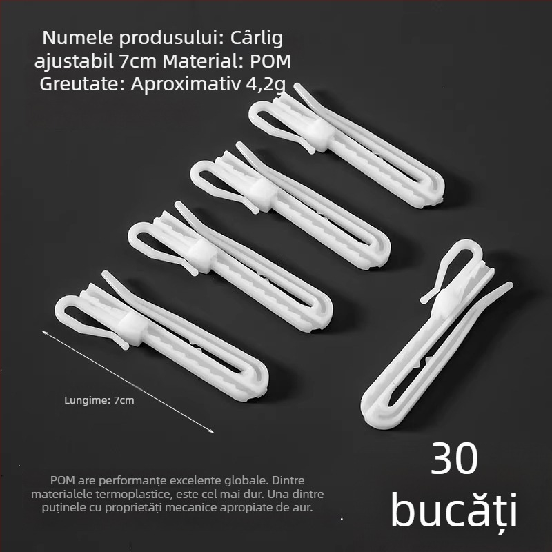 Cuier pentru perdele din plastic, design în formă S, material POM, funcționare silențioasă, reglabil, capacitate 0-1 kg