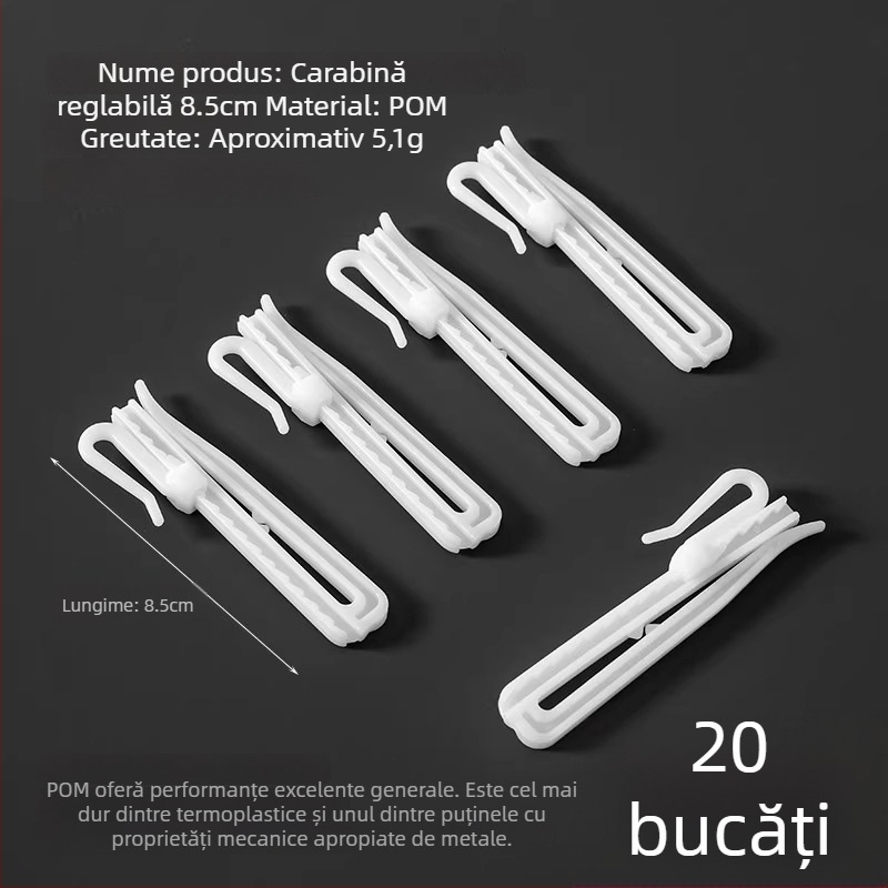 Cuier pentru perdele din plastic, design în formă S, material POM, funcționare silențioasă, reglabil, capacitate 0-1 kg