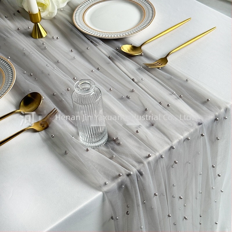 Runner de masă Boem cu dantelă și tull perlat, 100% poliester, fibră de poliester; personalizabil; potrivit pentru sufragerie, birou, exterior, restaurant, cameră a copiilor