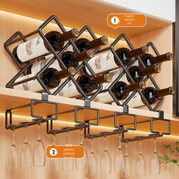 Suport decorativ pentru vin cu grilaj rombic, bar de birou, afișaj înclinat, construcție metalică, stil luxos.