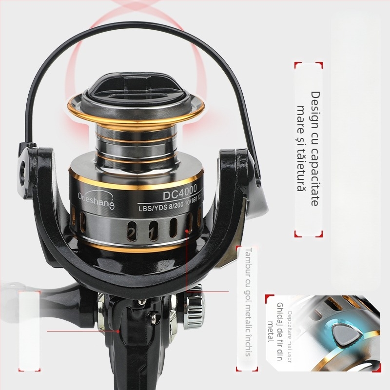 Mulinetă de pescuit spinning cu corp metalic, tambur adânc, frână frontală, mâner reversibil pentru stânga/dreapta, potrivită pentru pescuit în mare și stâncos