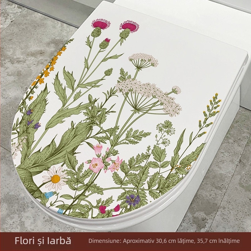 Decal autoadeziv pentru capacul de la toaletă, cu delfin drăguț, flori pictate manual și fluturi, baie, stil desen animat