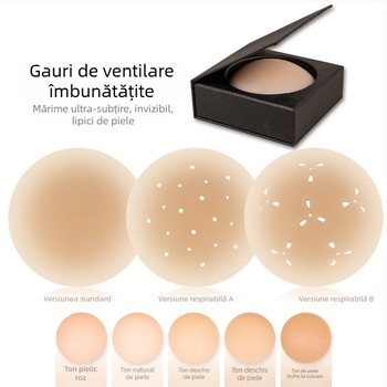 Plăci siliconice pentru sân - ultra-subțiri, respirabile și invizibile; formă circulară a mamelonului, finisaj lucios și design decupat.