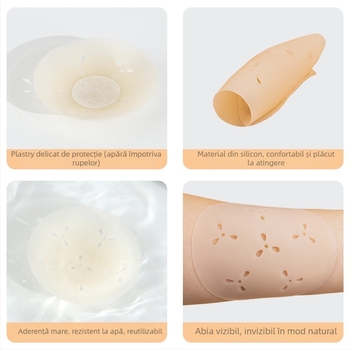 Plăci siliconice pentru sân - ultra-subțiri, respirabile și invizibile; formă circulară a mamelonului, finisaj lucios și design decupat.