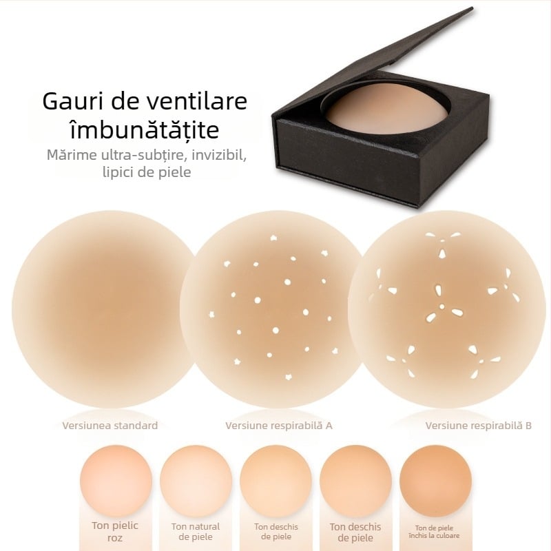 Plăci siliconice pentru sân - ultra-subțiri, respirabile și invizibile; formă circulară a mamelonului, finisaj lucios și design decupat.