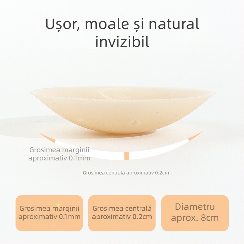 Plăci siliconice pentru sân - ultra-subțiri, respirabile și invizibile; formă circulară a mamelonului, finisaj lucios și design decupat.