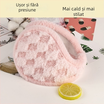 Protecții pentru urechi de iarnă din pluș, căptușeală velur, umplutură groasă, model carouri în grilă, montare pe spate (Material: pluș; Căptușeală: velur; Grosime: groasă; Model: carouri; Stil: montare pe spate)