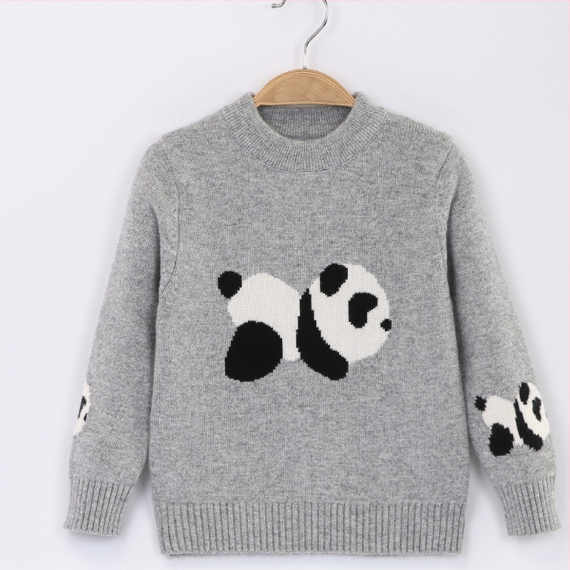 Pulover pentru copii cu model panda, din amestec de cașmir și lână, mâneci lungi, guler rotund