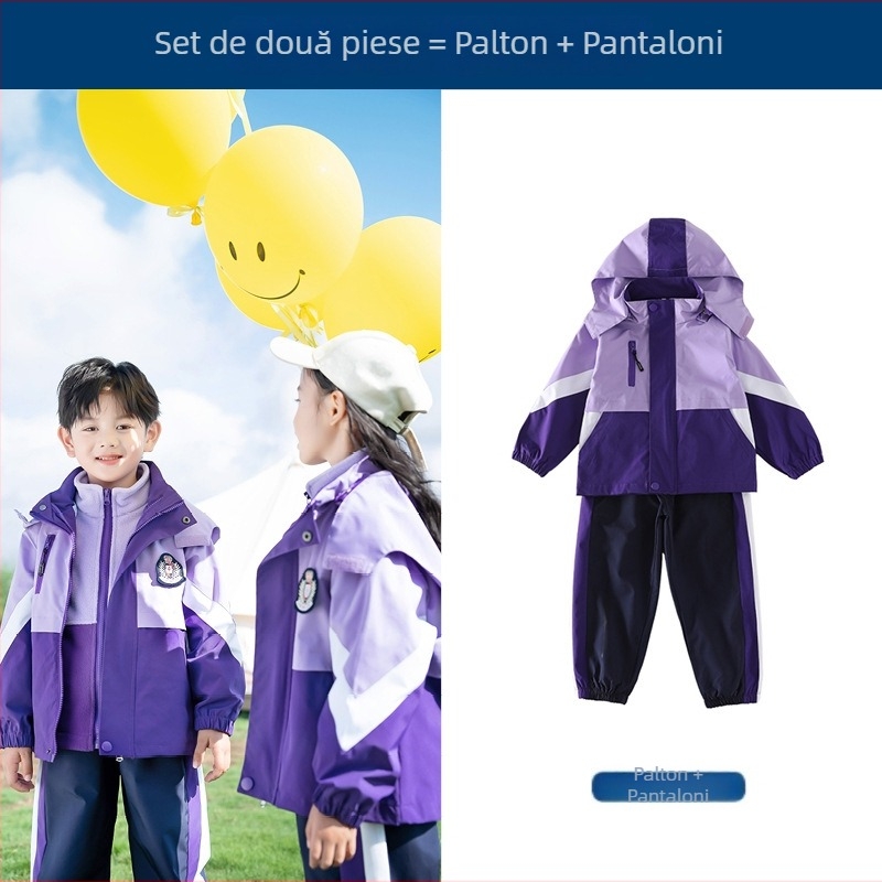 Set trei piese pentru uniformă școlară (jachetă + bluză cu mânecă lungă + pantaloni), 100% acetat, unisex, glugă detașabilă, pentru copii 3-8 ani