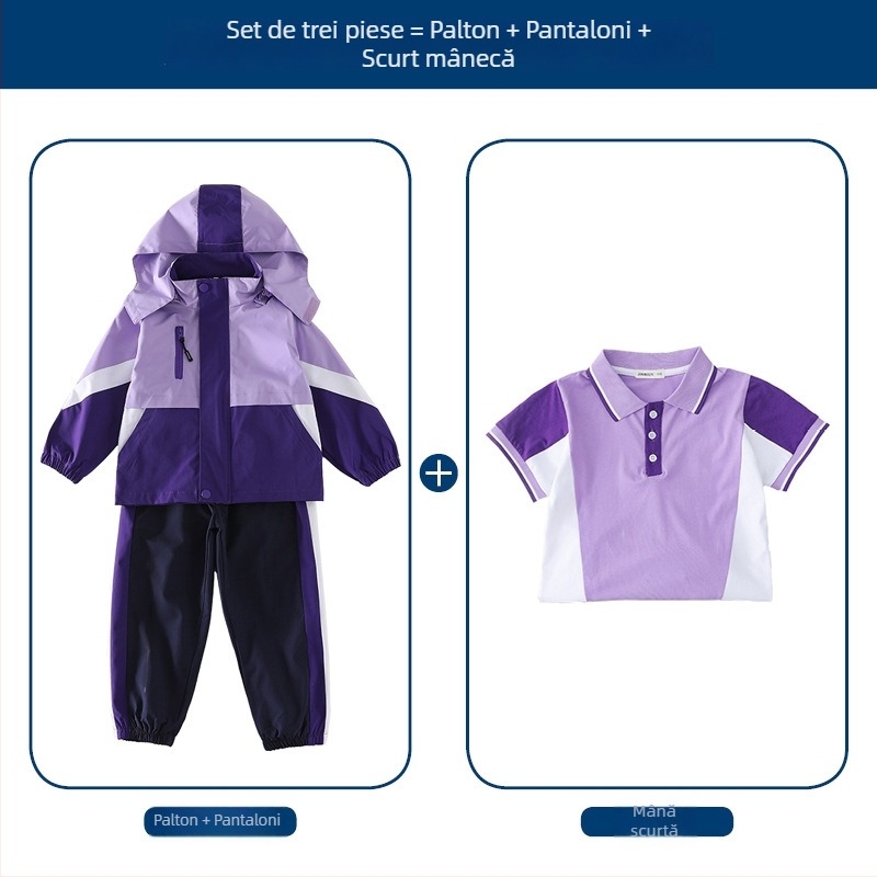 Set trei piese pentru uniformă școlară (jachetă + bluză cu mânecă lungă + pantaloni), 100% acetat, unisex, glugă detașabilă, pentru copii 3-8 ani