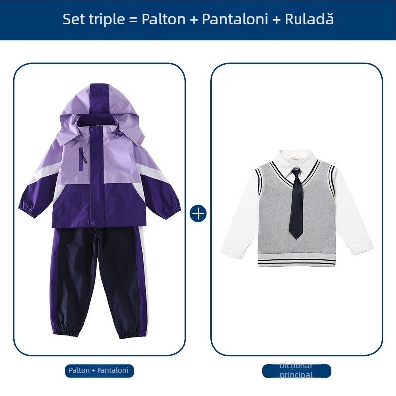 Set trei piese pentru uniformă școlară (jachetă + bluză cu mânecă lungă + pantaloni), 100% acetat, unisex, glugă detașabilă, pentru copii 3-8 ani