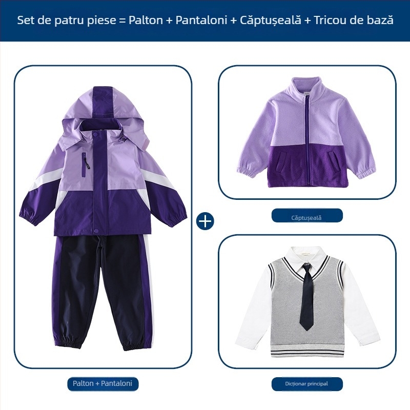 Set trei piese pentru uniformă școlară (jachetă + bluză cu mânecă lungă + pantaloni), 100% acetat, unisex, glugă detașabilă, pentru copii 3-8 ani