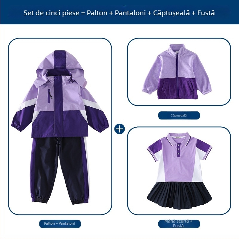 Set trei piese pentru uniformă școlară (jachetă + bluză cu mânecă lungă + pantaloni), 100% acetat, unisex, glugă detașabilă, pentru copii 3-8 ani