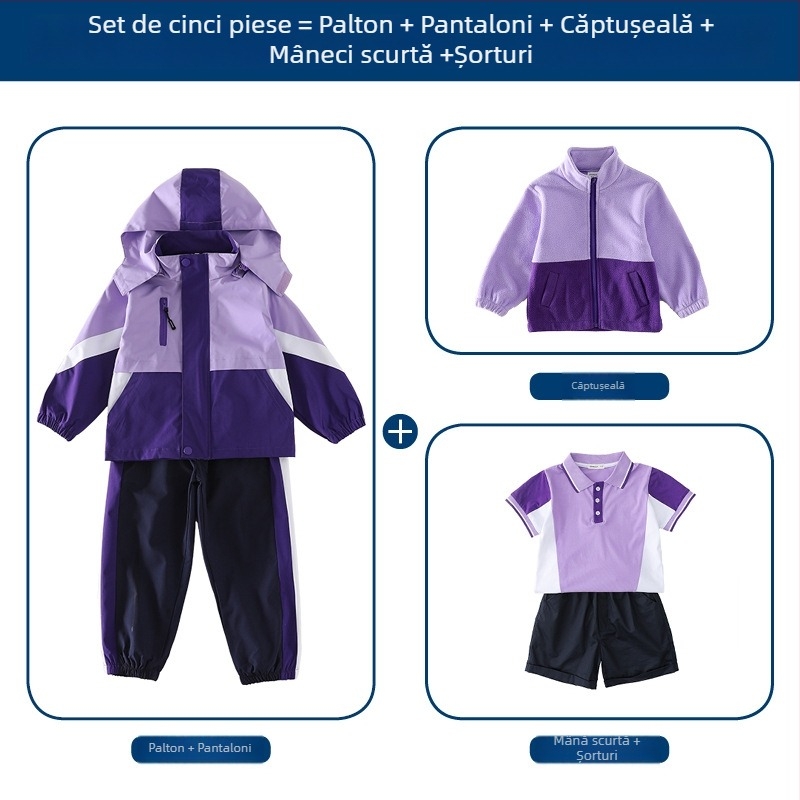 Set trei piese pentru uniformă școlară (jachetă + bluză cu mânecă lungă + pantaloni), 100% acetat, unisex, glugă detașabilă, pentru copii 3-8 ani