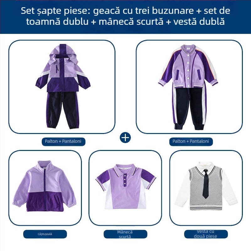 Set trei piese pentru uniformă școlară (jachetă + bluză cu mânecă lungă + pantaloni), 100% acetat, unisex, glugă detașabilă, pentru copii 3-8 ani