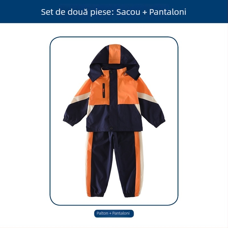 Set trei piese pentru uniformă școlară (jachetă + bluză cu mânecă lungă + pantaloni), 100% acetat, unisex, glugă detașabilă, pentru copii 3-8 ani