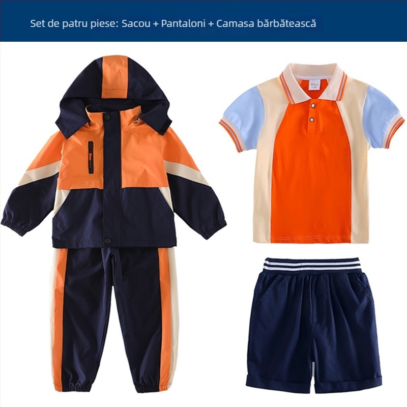 Set trei piese pentru uniformă școlară (jachetă + bluză cu mânecă lungă + pantaloni), 100% acetat, unisex, glugă detașabilă, pentru copii 3-8 ani