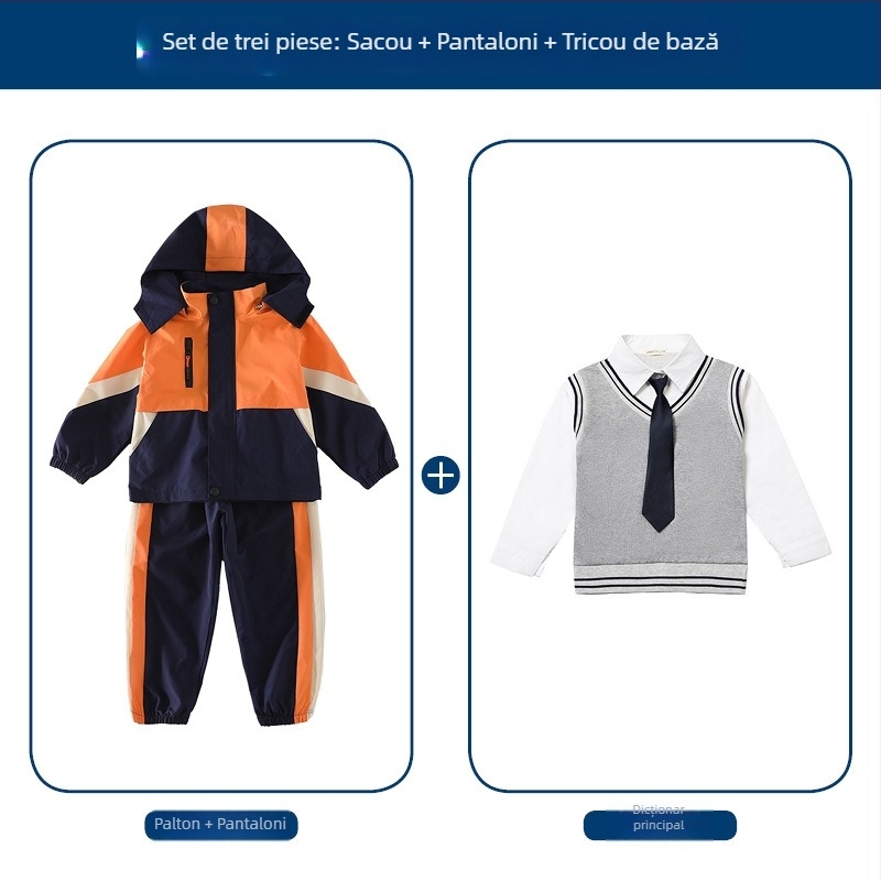 Set trei piese pentru uniformă școlară (jachetă + bluză cu mânecă lungă + pantaloni), 100% acetat, unisex, glugă detașabilă, pentru copii 3-8 ani