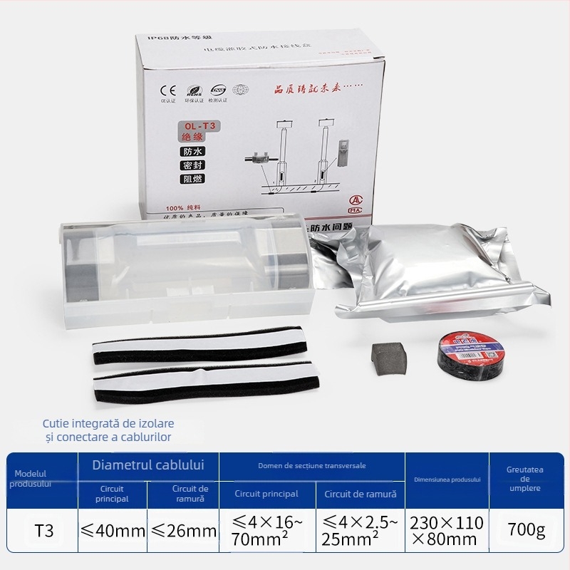 Cutie de legătură impermeabilă umplută cu gel pentru iluminat stradal exterior, 1 intrare, 2 ieșiri, izolată și etanșă, protecție împotriva stropilor