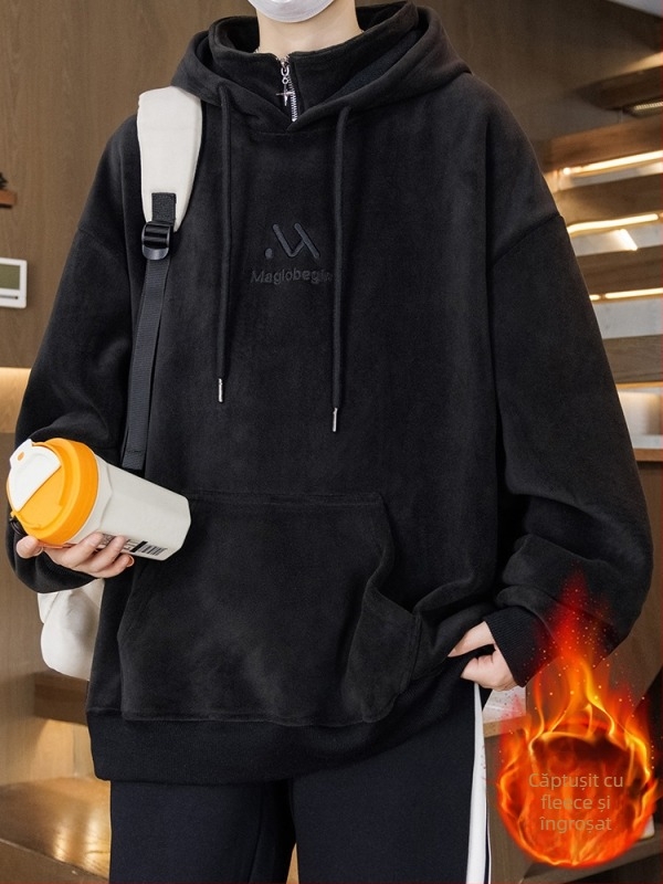 Hanorac cu glugă căptușit cu fleece pentru adolescenți, croială lejeră, material poliester, buzunar patch tridimensional