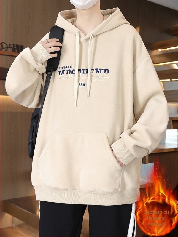 Hanorac cu glugă căptușit cu fleece pentru adolescenți, croială lejeră, material poliester, buzunar patch tridimensional