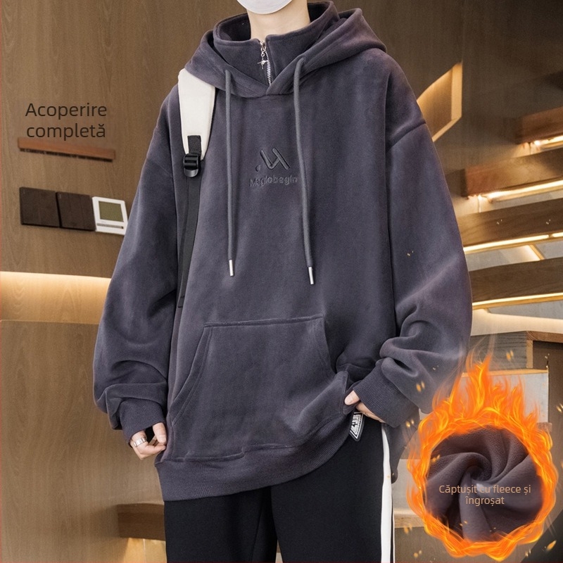 Hanorac cu glugă căptușit cu fleece pentru adolescenți, croială lejeră, material poliester, buzunar patch tridimensional