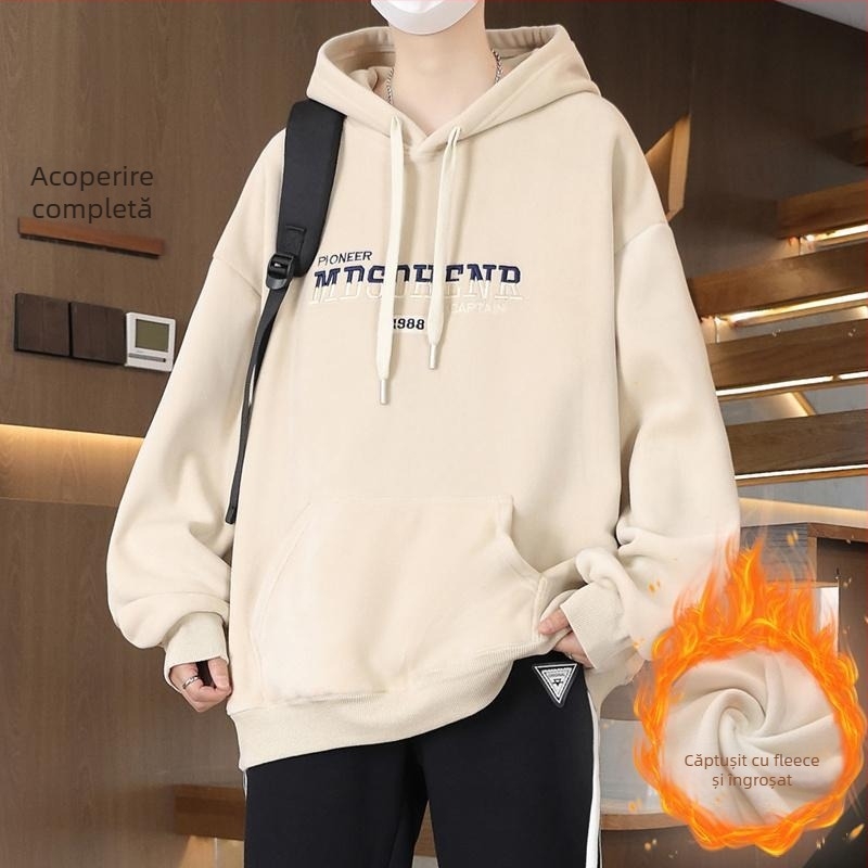 Hanorac cu glugă căptușit cu fleece pentru adolescenți, croială lejeră, material poliester, buzunar patch tridimensional
