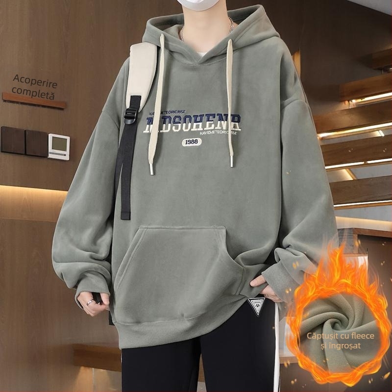 Hanorac cu glugă căptușit cu fleece pentru adolescenți, croială lejeră, material poliester, buzunar patch tridimensional