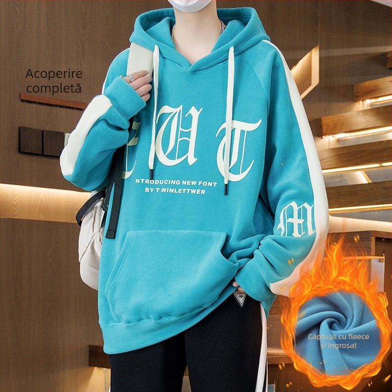 Hanorac cu glugă căptușit cu fleece pentru adolescenți, croială lejeră, material poliester, buzunar patch tridimensional