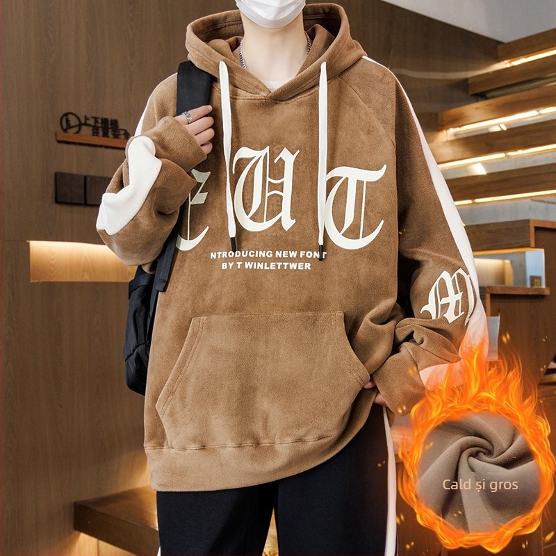 Hanorac cu glugă căptușit cu fleece pentru adolescenți, croială lejeră, material poliester, buzunar patch tridimensional