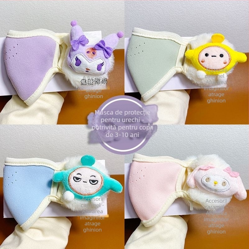 Mască caldă pentru copii cu protecție pentru urechi — toate într-unul: fibre de poliester, broderie, imprimeu desen animat, protecție la praf