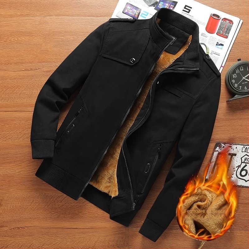 Geacă de exterior pentru bărbați, mâneci lungi, guler înalt, căptușeală fleece, gros, fermoar frontal cu buzunare cu fermoar.