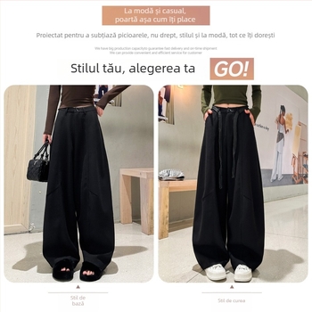 Pantaloni casual din lână Scimitar pentru femei, toamnă-iarnă 2025, talie înaltă, croială lejeră, largi, lungi până la podea, bumbac 70-80% + poliester <30%, talie dublă, țesătură groasă, stil retro literar