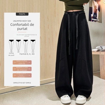 Pantaloni casual din lână Scimitar pentru femei, toamnă-iarnă 2025, talie înaltă, croială lejeră, largi, lungi până la podea, bumbac 70-80% + poliester <30%, talie dublă, țesătură groasă, stil retro literar