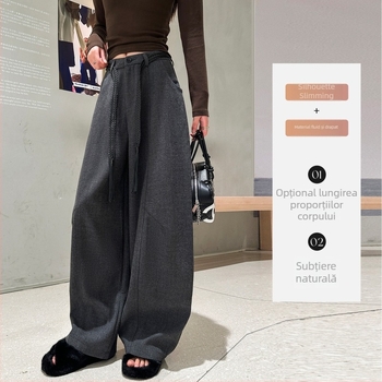 Pantaloni casual din lână Scimitar pentru femei, toamnă-iarnă 2025, talie înaltă, croială lejeră, largi, lungi până la podea, bumbac 70-80% + poliester <30%, talie dublă, țesătură groasă, stil retro literar