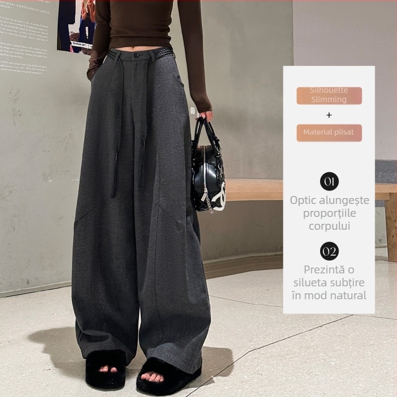 Pantaloni casual din lână Scimitar pentru femei, toamnă-iarnă 2025, talie înaltă, croială lejeră, largi, lungi până la podea, bumbac 70-80% + poliester <30%, talie dublă, țesătură groasă, stil retro literar