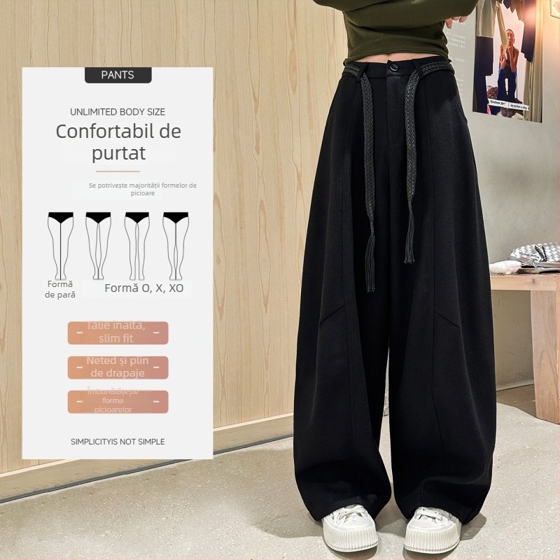 Pantaloni casual din lână Scimitar pentru femei, toamnă-iarnă 2025, talie înaltă, croială lejeră, largi, lungi până la podea, bumbac 70-80% + poliester <30%, talie dublă, țesătură groasă, stil retro literar