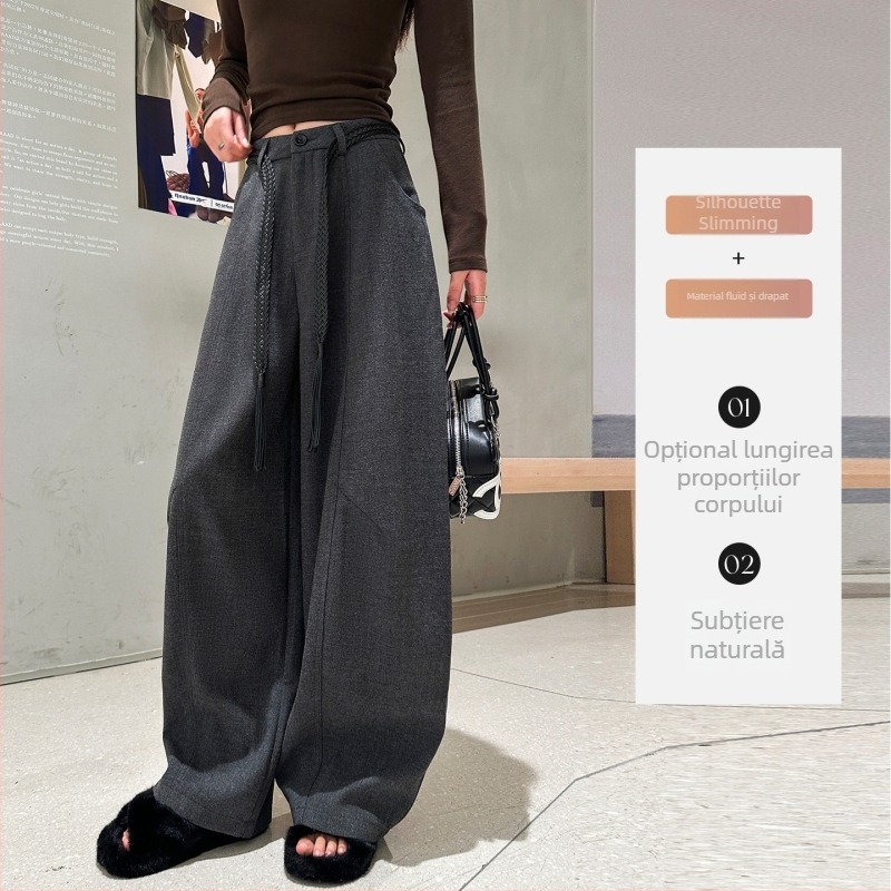 Pantaloni casual din lână Scimitar pentru femei, toamnă-iarnă 2025, talie înaltă, croială lejeră, largi, lungi până la podea, bumbac 70-80% + poliester <30%, talie dublă, țesătură groasă, stil retro literar