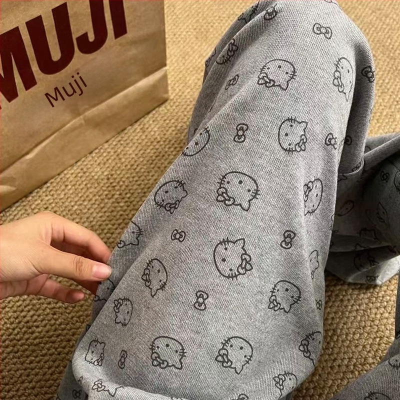 Pantaloni casual cu imprimeu pisică, amestec poliester-elastan, talie medie, croială dreaptă, toamnă-iarnă 2025