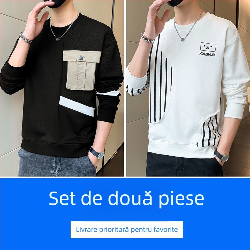 Hanorac bărbătesc cu glugă, mâneci lungi, guler rotund, croială lejeră, primăvară