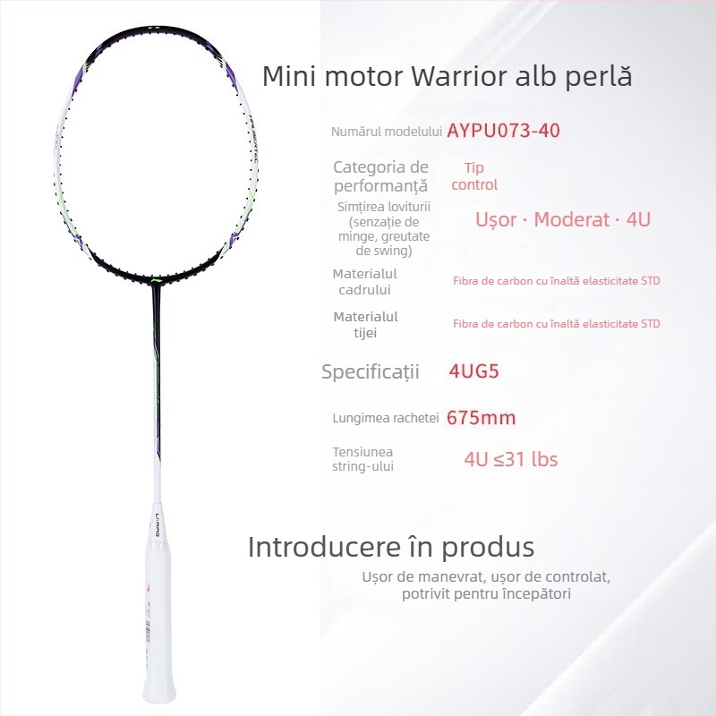 Li-Ning rachetă badminton – Cadru din fibră de carbon, Greutate 80–84 g, Mâner G5, Tip drept, Potrivita pentru începători și intermediari, pentru badminton și tenis de masă