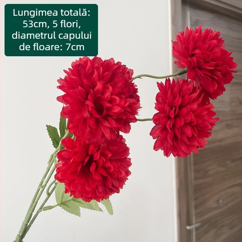 Crizantema de mătase cu cinci capete - floare artificială pentru exterior, decor de casă, recuzită pentru fotografie; marca Zixu, cod 2