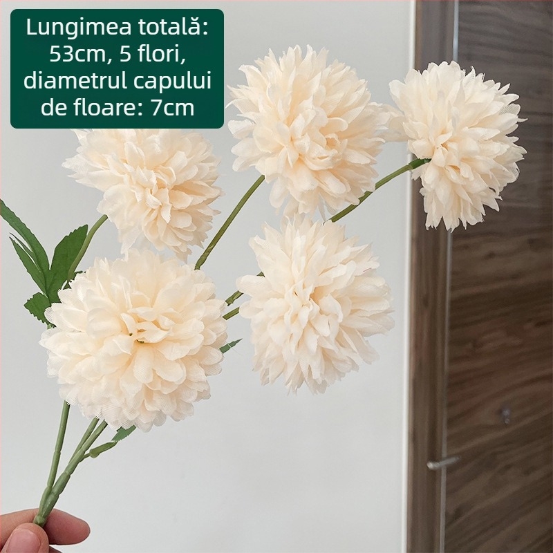 Crizantema de mătase cu cinci capete - floare artificială pentru exterior, decor de casă, recuzită pentru fotografie; marca Zixu, cod 2