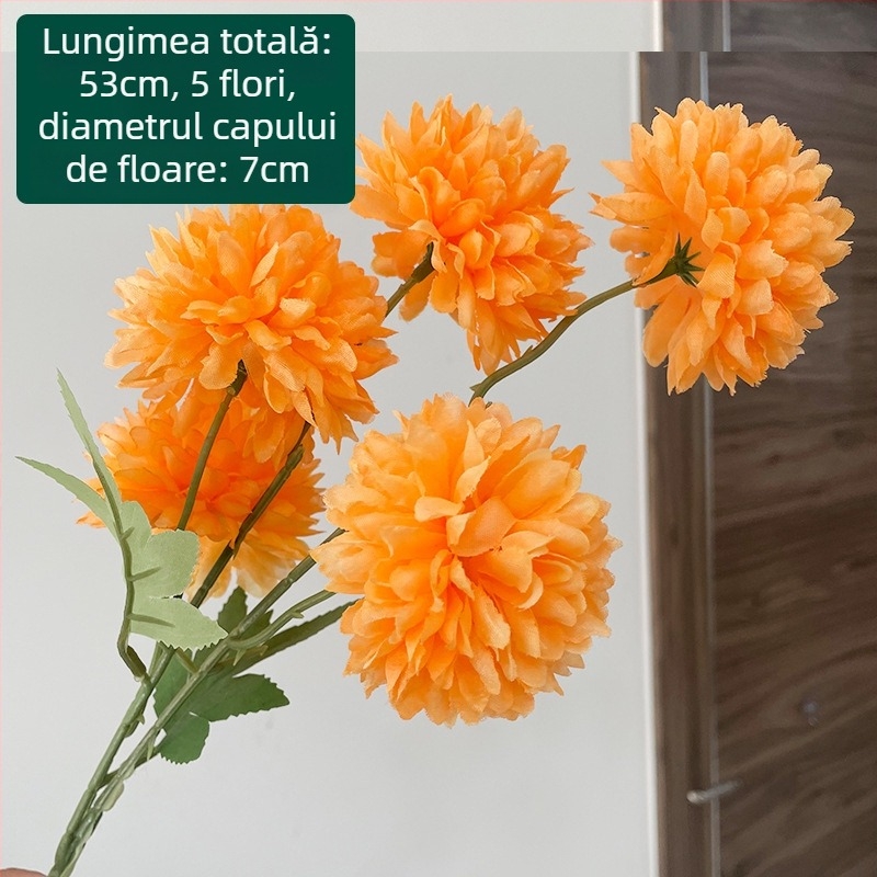 Crizantema de mătase cu cinci capete - floare artificială pentru exterior, decor de casă, recuzită pentru fotografie; marca Zixu, cod 2