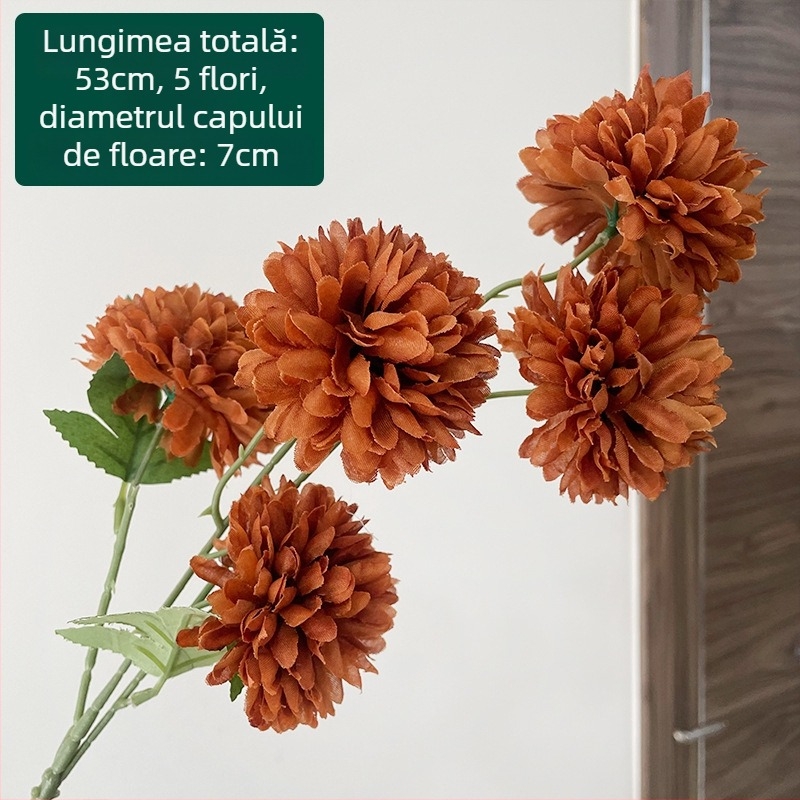Crizantema de mătase cu cinci capete - floare artificială pentru exterior, decor de casă, recuzită pentru fotografie; marca Zixu, cod 2